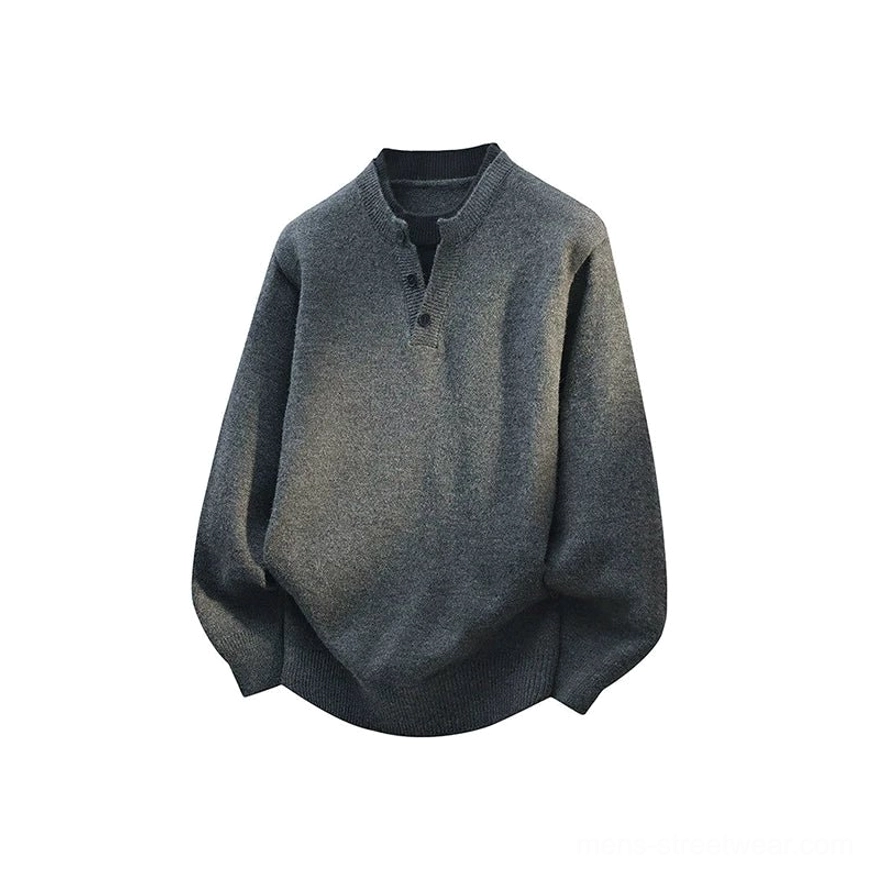 Dark heather gray Henley knit sweater with ribbed texture, relaxed drop shoulder silhouette, and casual East Asian streetwear styling