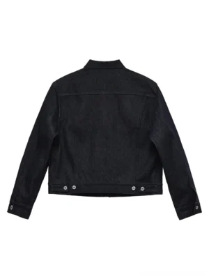 Dark indigo cropped denim jacket back view showing clean yoke and adjustable waist button tabs