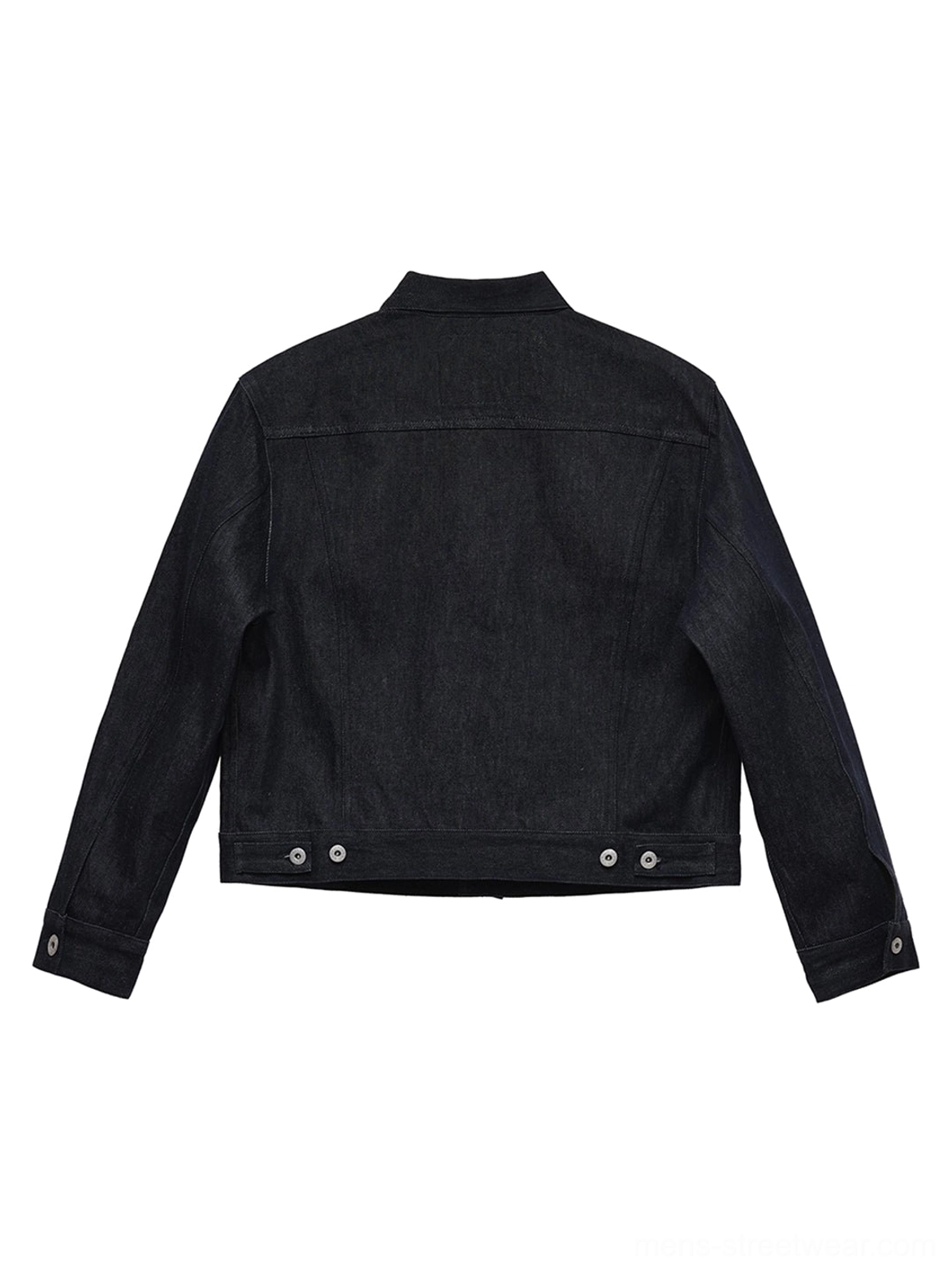 Dark indigo cropped denim jacket back view showing clean yoke and adjustable waist button tabs