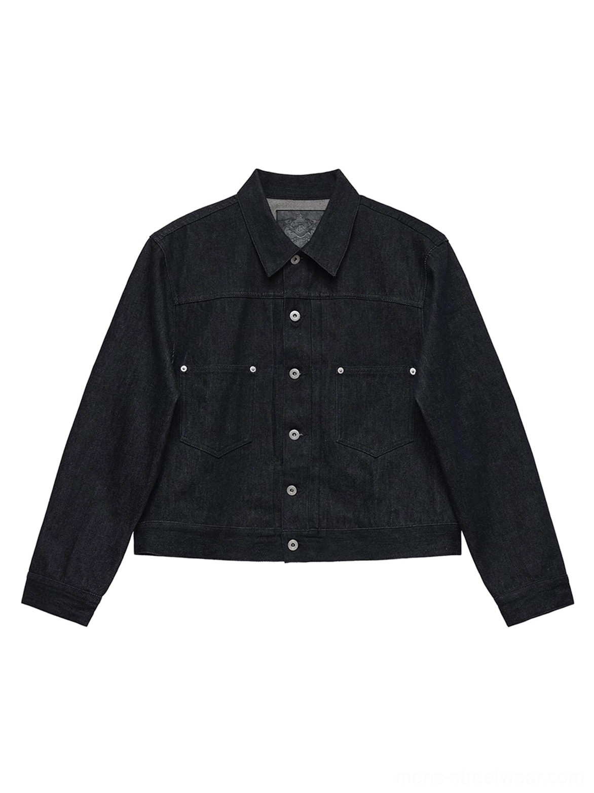 Dark indigo non-fade cropped denim trucker jacket front flat lay with metal buttons and chest pockets