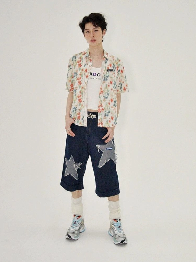 Star patch denim culottes in dark indigo with a relaxed wide-leg cut designed for Seoul fashion and modern casual streetwear outfits