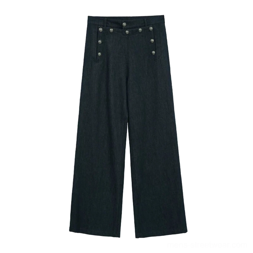 Flat lay view of dark indigo wide-leg sailor denim trousers with silver-tone double button waistband and minimalist streetwear design