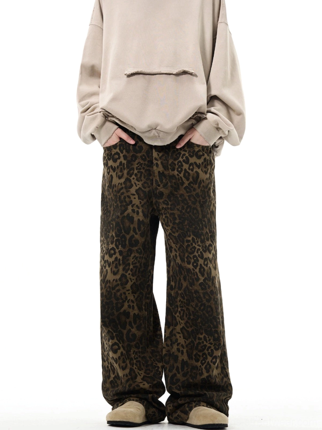 Dark leopard print wide leg trousers with front pockets and relaxed high waist fit