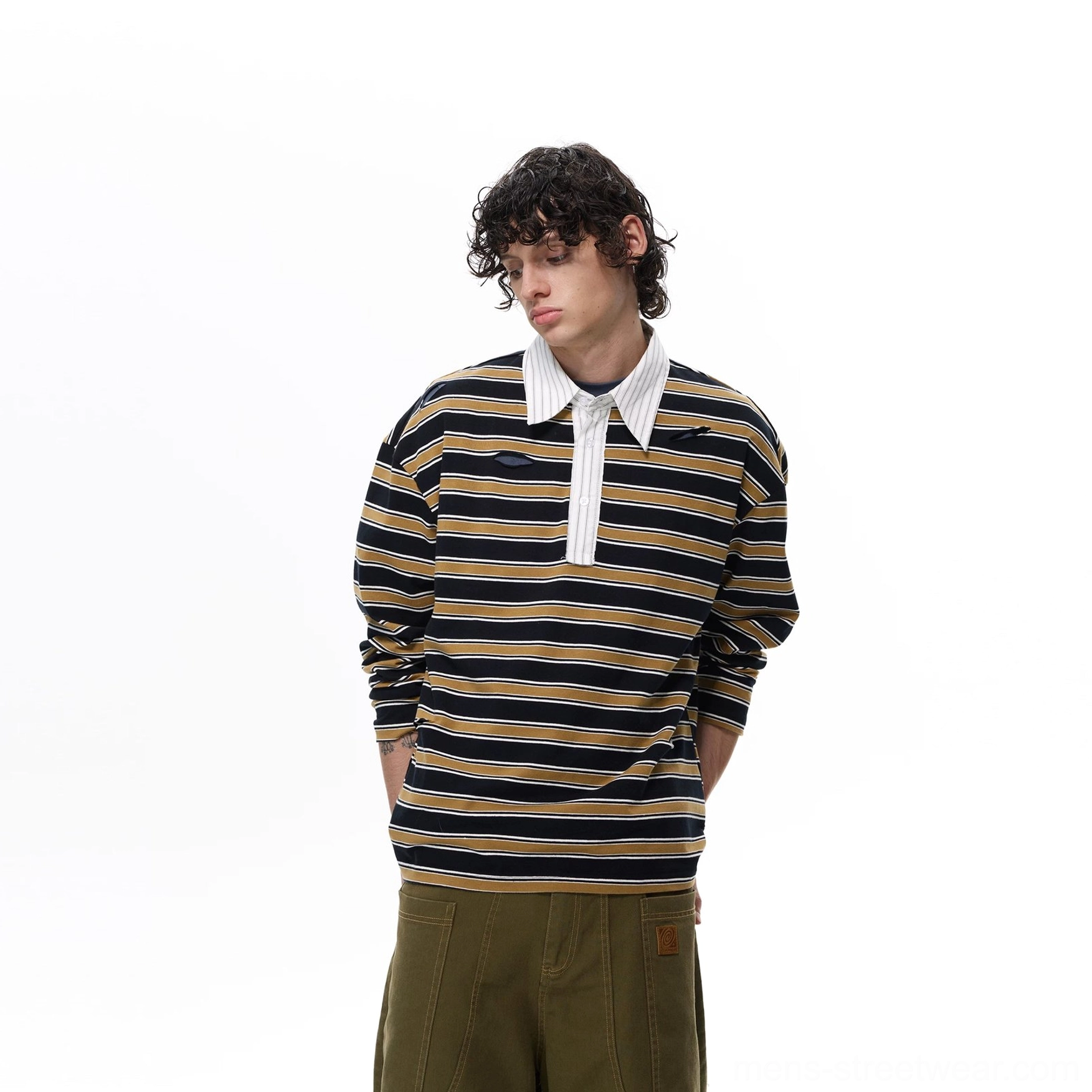 Dark multicolor striped rugby shirt with oversized relaxed silhouette, white contrast collar, and half-button placket