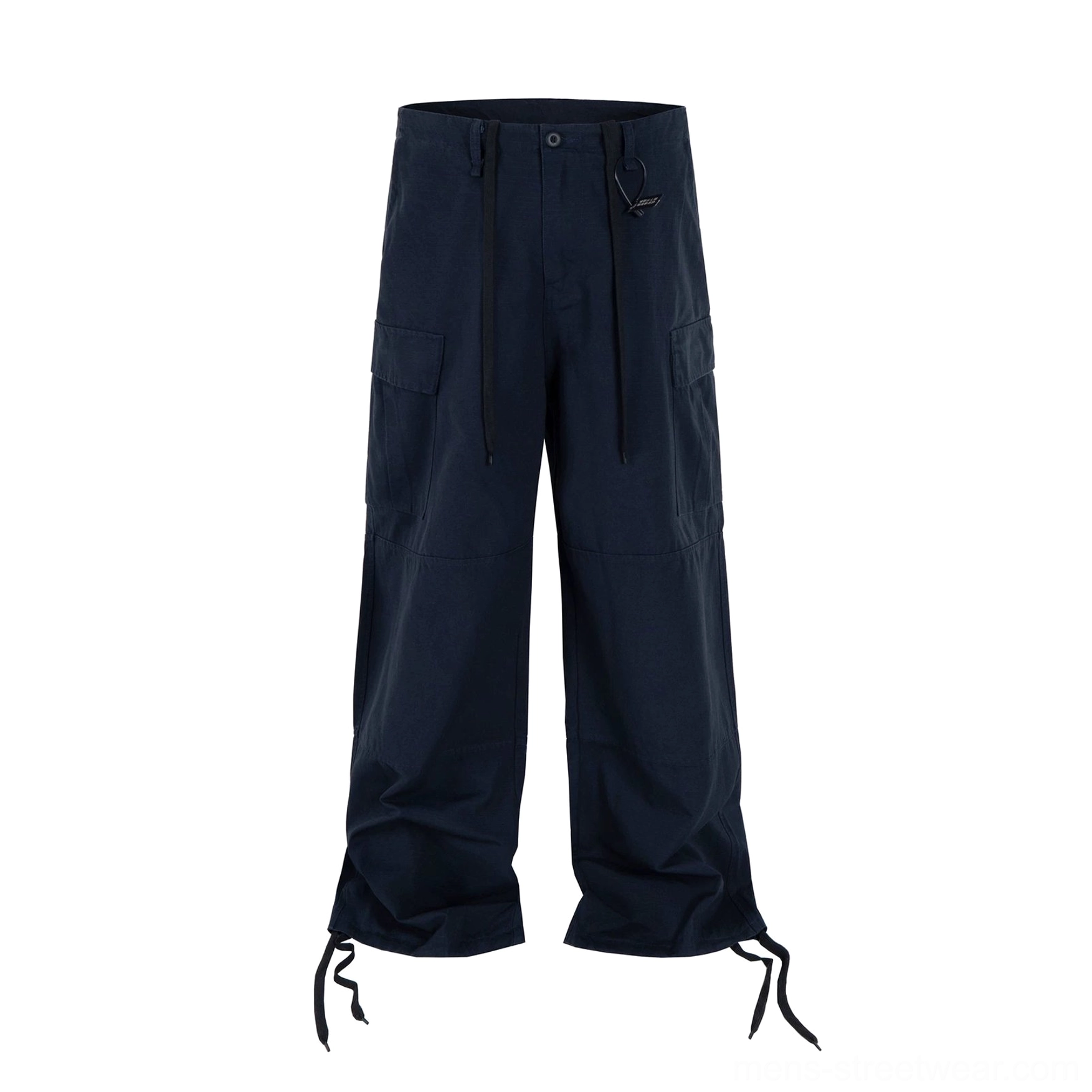 Front flat lay alternate view of dark navy wide-leg cargo pants with matte woven fabric, front zipper and button closure, waist drawstrings, and utility pockets