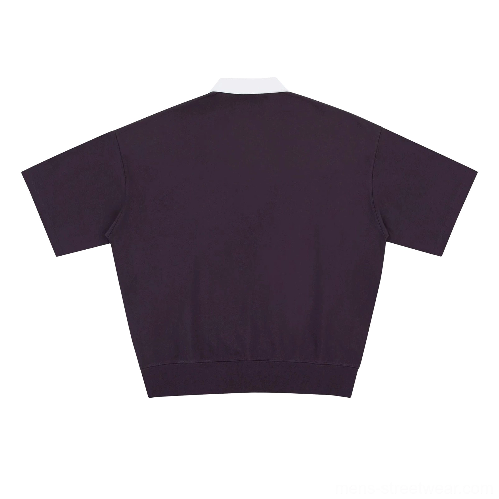 Back view of dark purple contrast collar knit polo shirt with relaxed oversized silhouette and ribbed hem