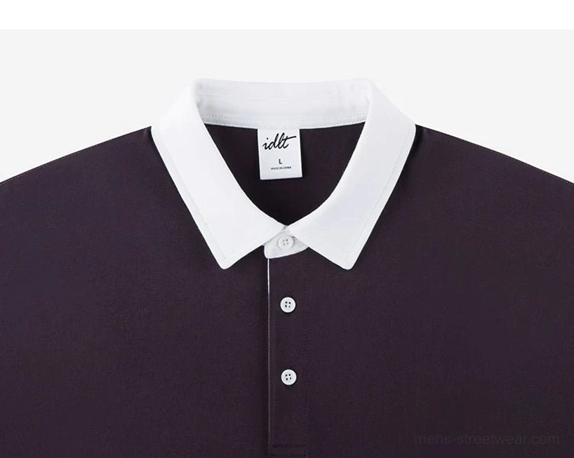 Dark purple contrast collar knit polo shirt close-up with soft textured fabric and two-button neckline