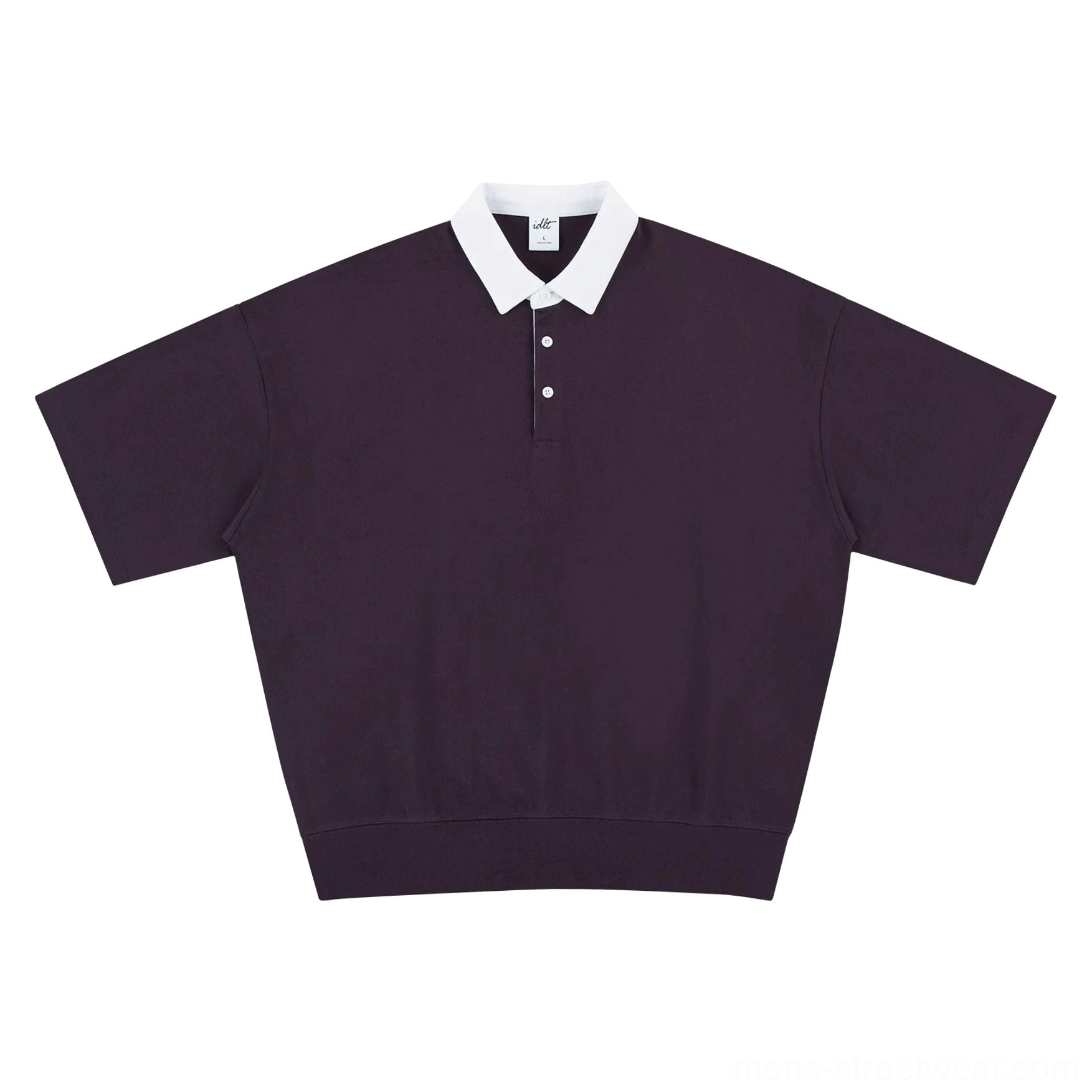 Dark purple oversized knit polo shirt with contrast white collar for modern Korean streetwear outfits