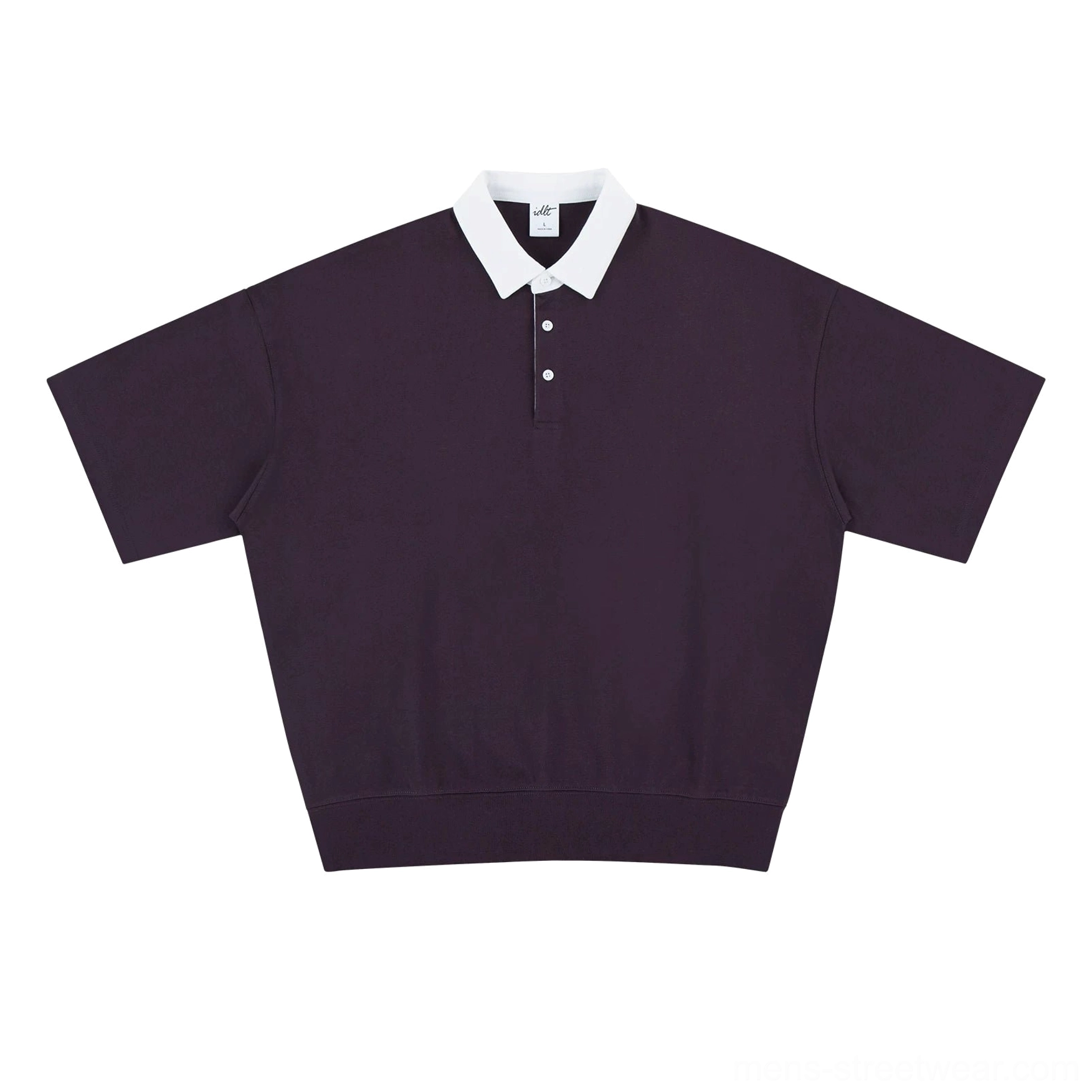 Front view of dark purple knit polo shirt with white contrast collar two-button placket and Korean streetwear styling