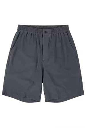Dark slate gray 320GSM cotton outdoor tech shorts front flat view with elastic waistband side pockets and rolled hems