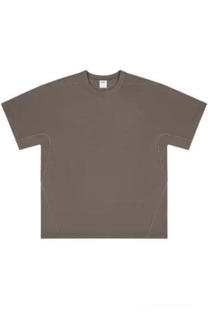 Dark taupe oversized heavyweight cotton T-shirt with contrast topstitching, relaxed crew neck, short sleeves, and loose Korean streetwear fit shown in a front flat lay