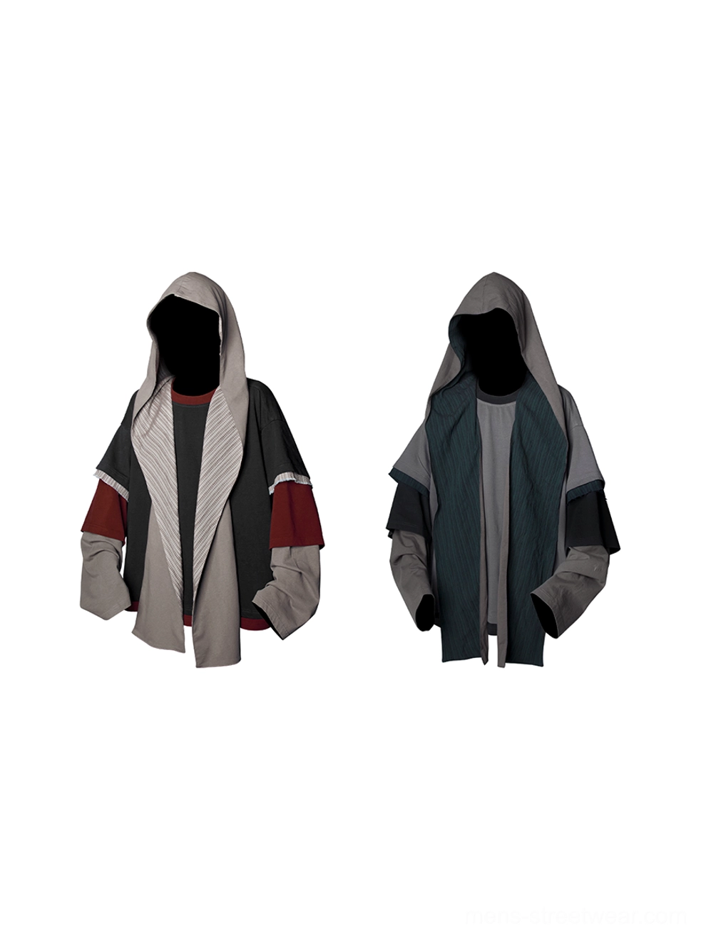 Front view of dark teal striped layered hooded sweatshirt with gray hood open front construction and contemporary Asian streetwear styling