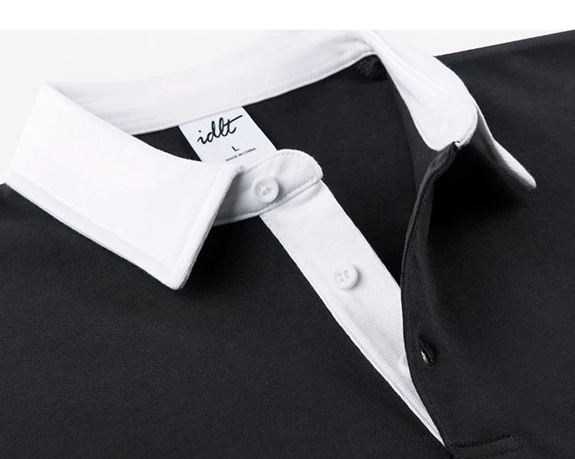 Dark tone knit polo shirt with crisp white collar wide short sleeves and contemporary East Asian streetwear aesthetic