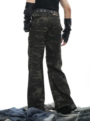 Dark green woodland camo tactical cargo pants rear view showing wide straight leg fit back pockets and belt loops