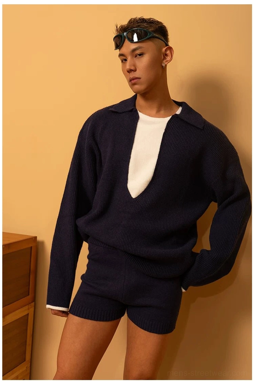 Deep blue men's ribbed knit lounge shorts styled with a matching knit polo top in a relaxed Korean streetwear outfit