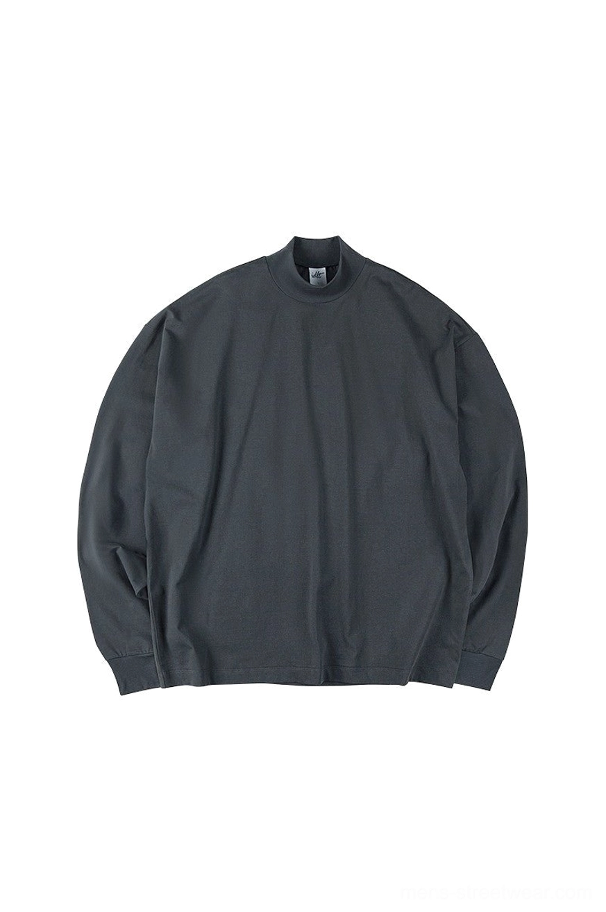 Deep charcoal gray oversized drop shoulder mock neck long sleeve T-shirt with worn-in texture