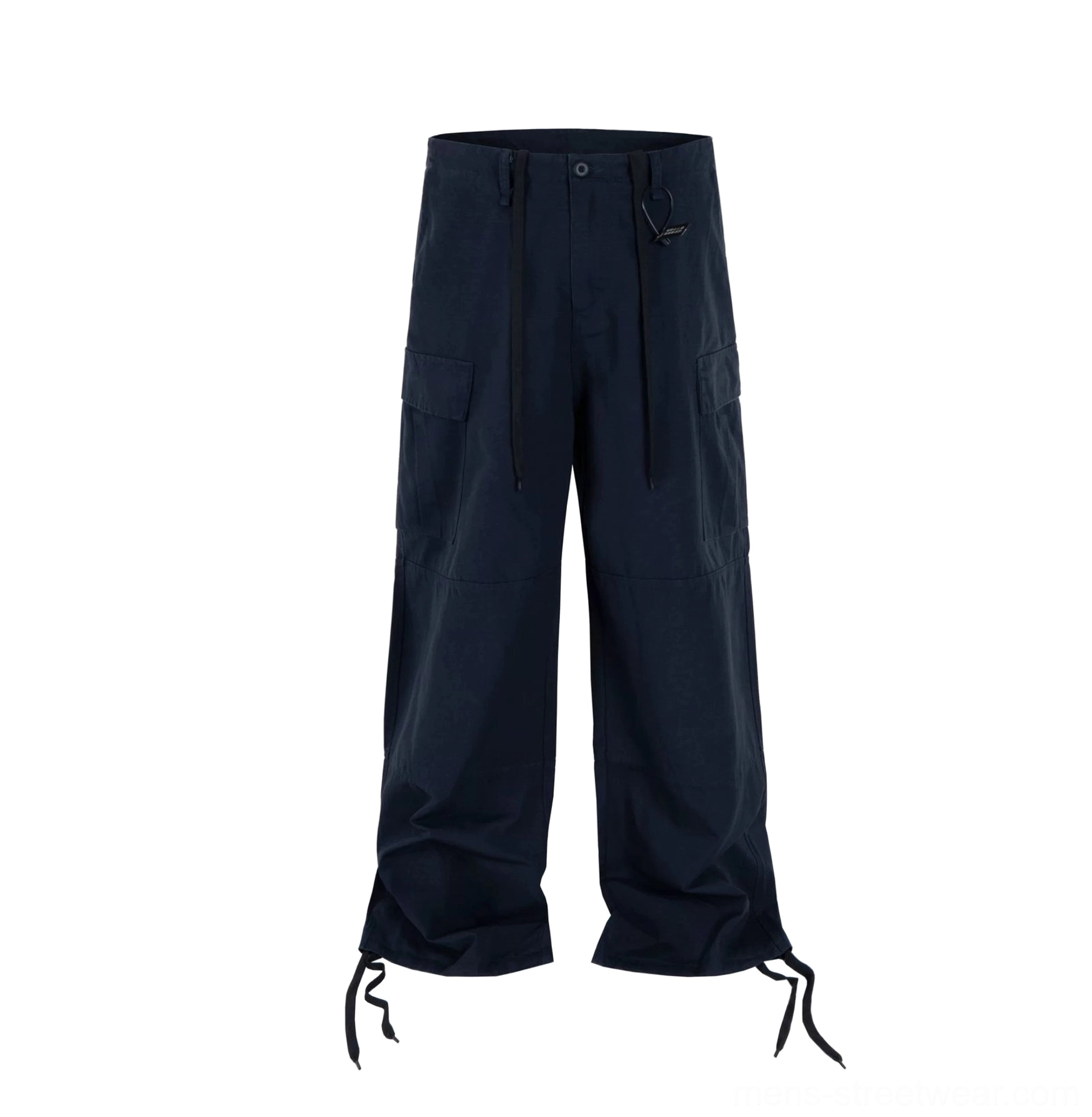Front flat lay of deep navy grid-weave cargo pants with button fly, waist drawstrings, side utility pockets, wide legs, and adjustable hems