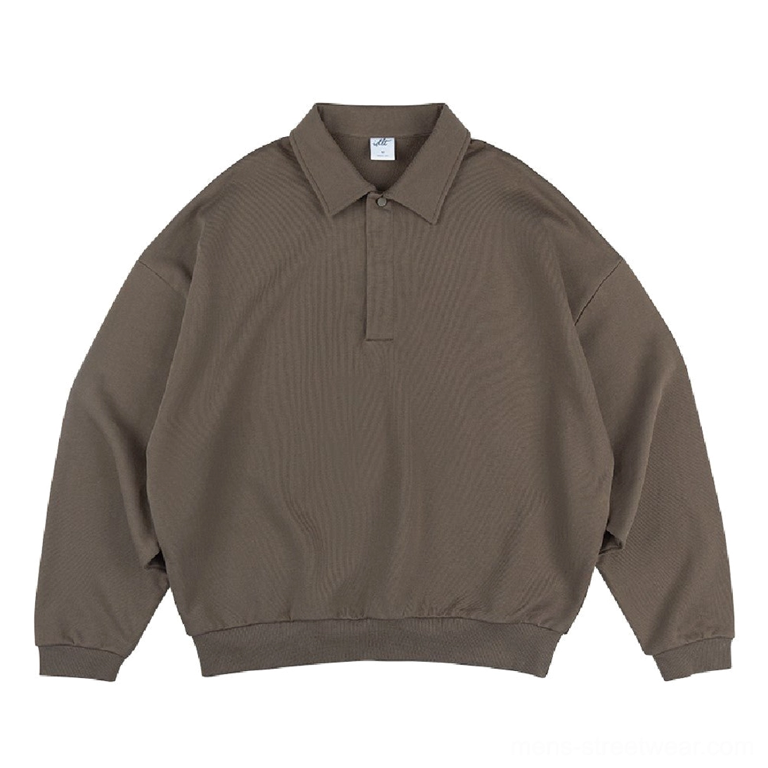 Deep taupe brown long sleeve polo sweatshirt with oversized fit ribbed cuffs and minimalist streetwear design