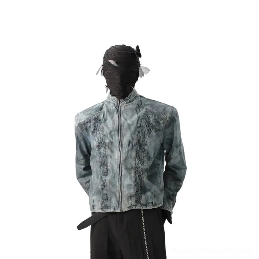 Denim blue acid-wash textured moto jacket back full body view with tailored cropped hem