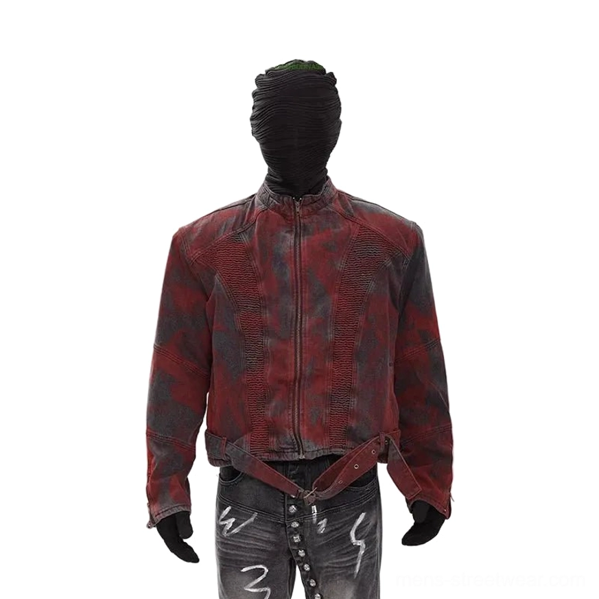 Denim red and black tie-dye textured moto jacket front view with stand collar and zip closure