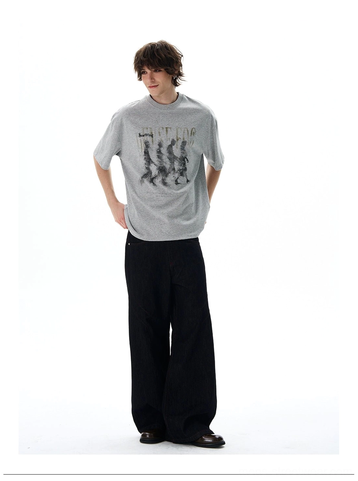 Gray Dense Fog vintage graphic oversized cotton streetwear t-shirt front view on male model