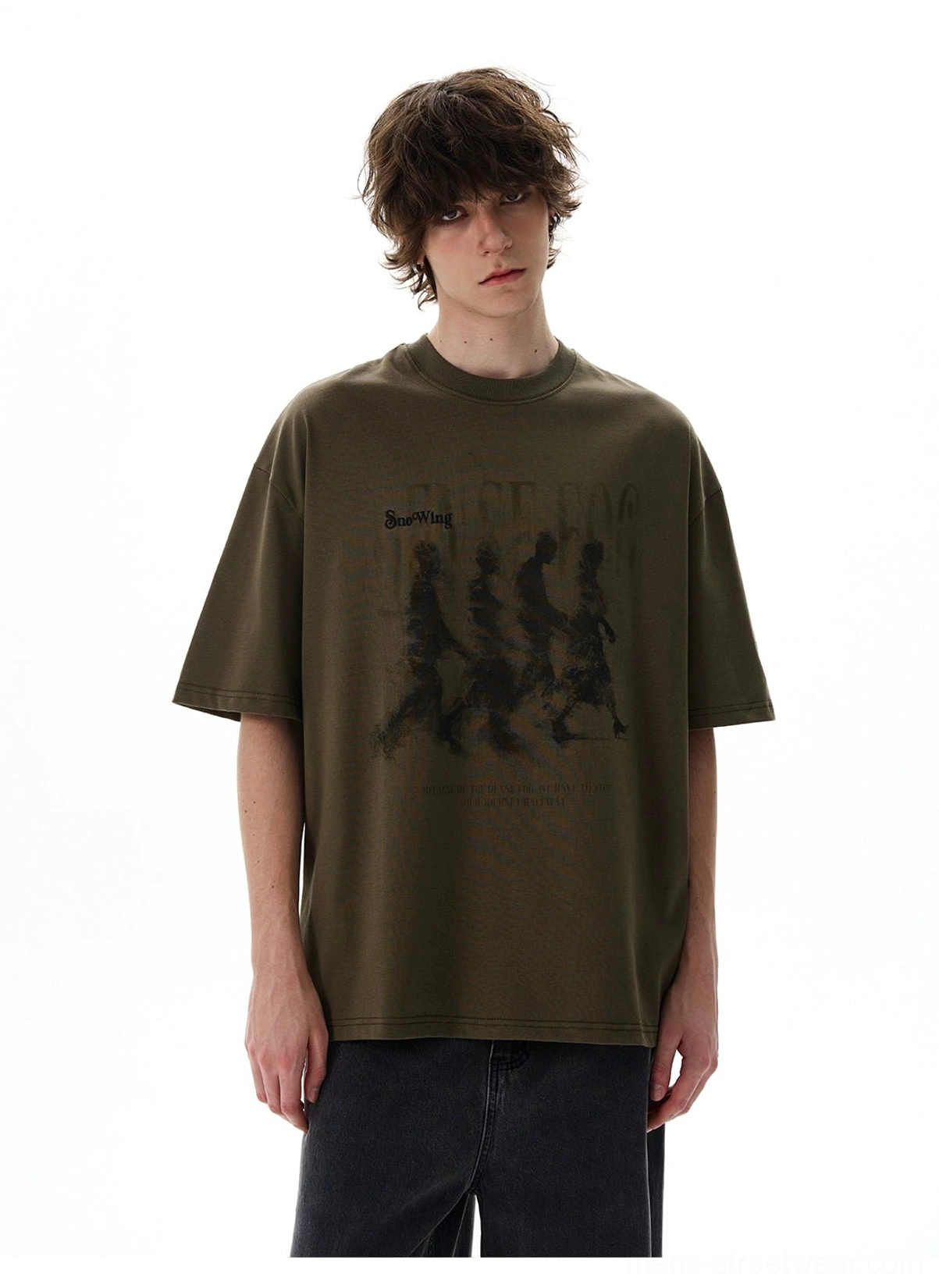 Green Dense Fog vintage graphic oversized crew neck streetwear tee close front view