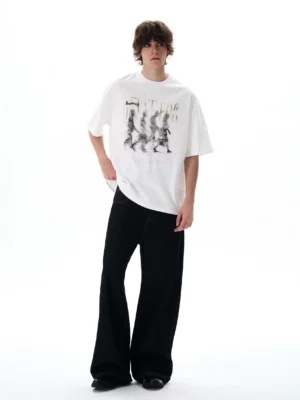 White Dense Fog vintage graphic oversized streetwear tee worn with black wide-leg trousers front view