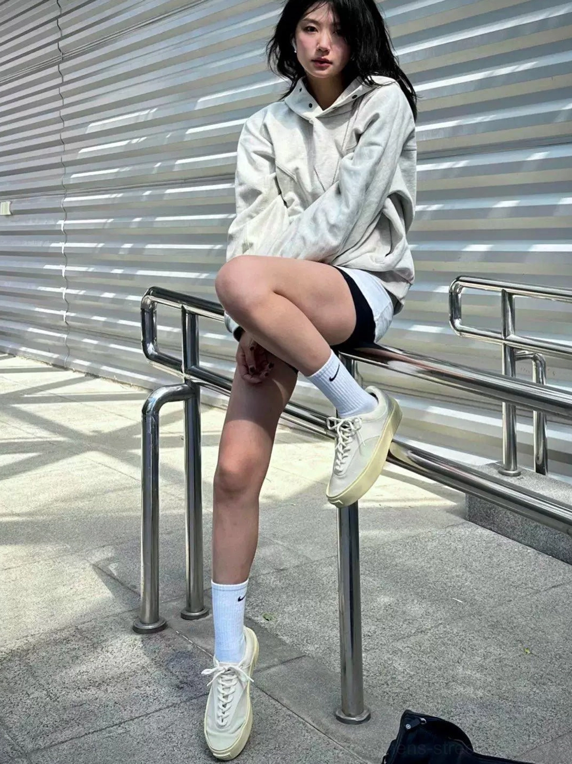 Desert Gray platform canvas trainers styled in a casual outdoor Seoul streetwear outfit