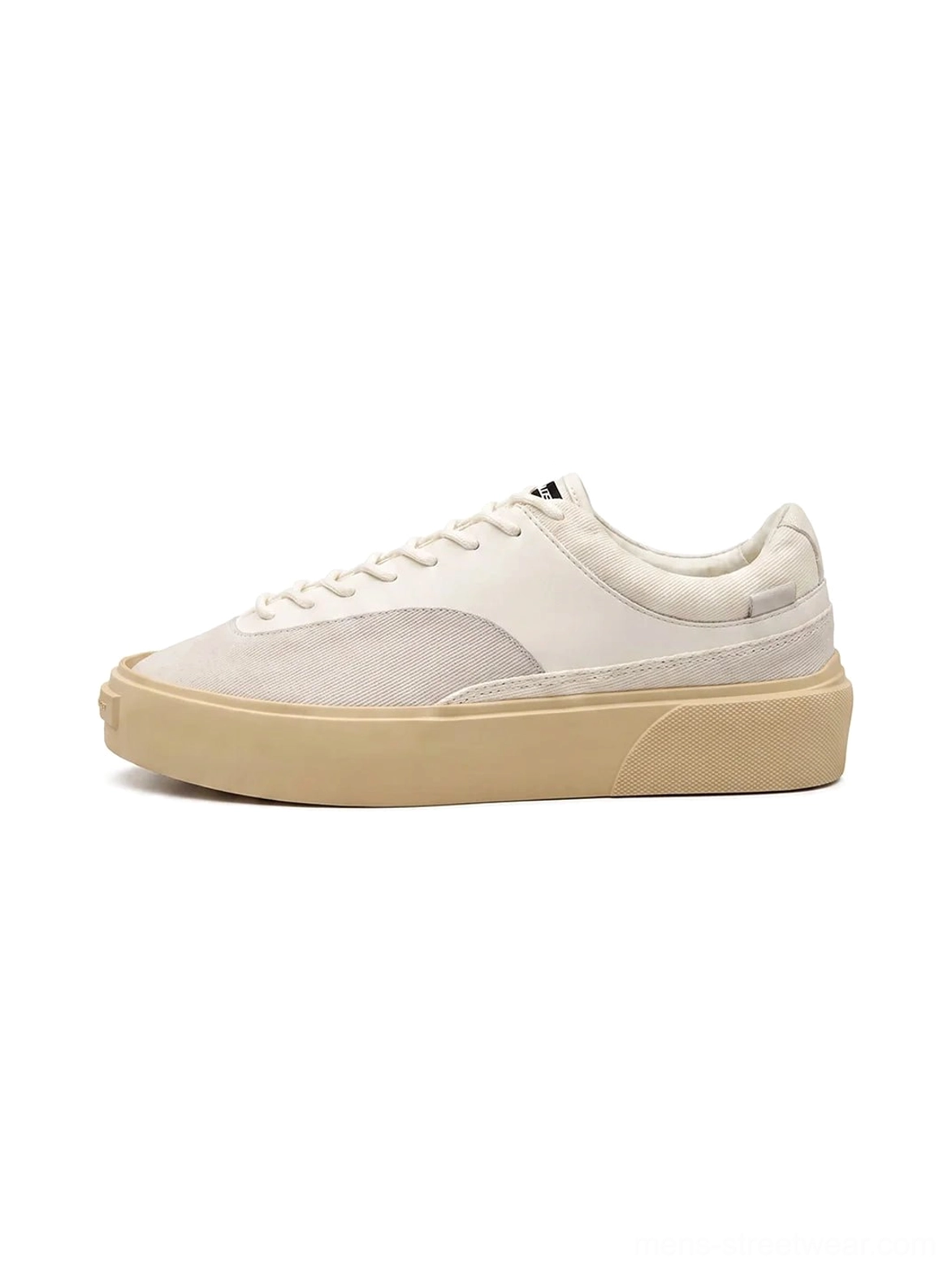 Desert Gray platform canvas trainers with layered textile upper and vintage cream platform sole side studio view