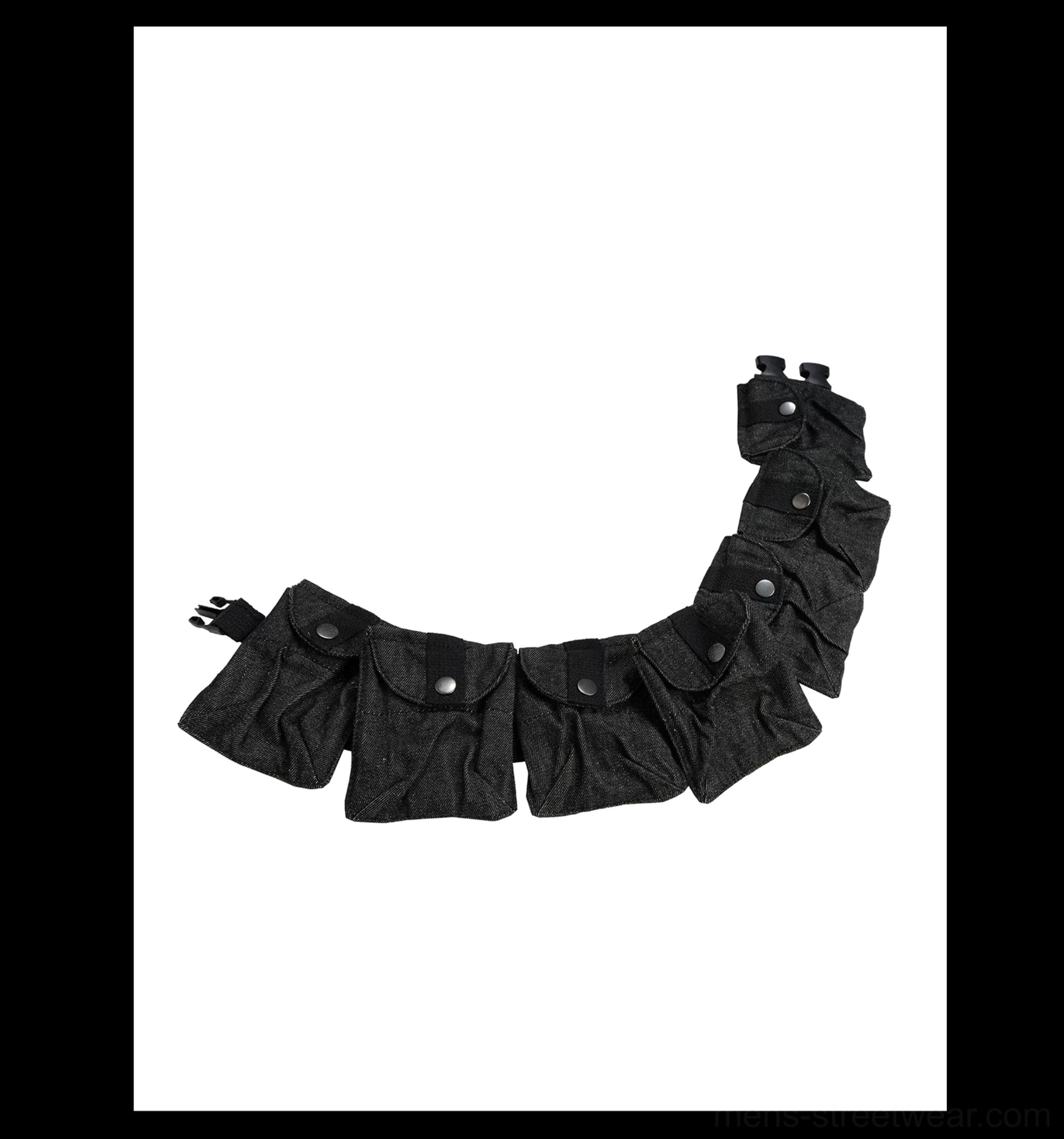Detachable black tactical ladder strap pouch accessory for denim cargo cropped shorts with snap-button utility pockets