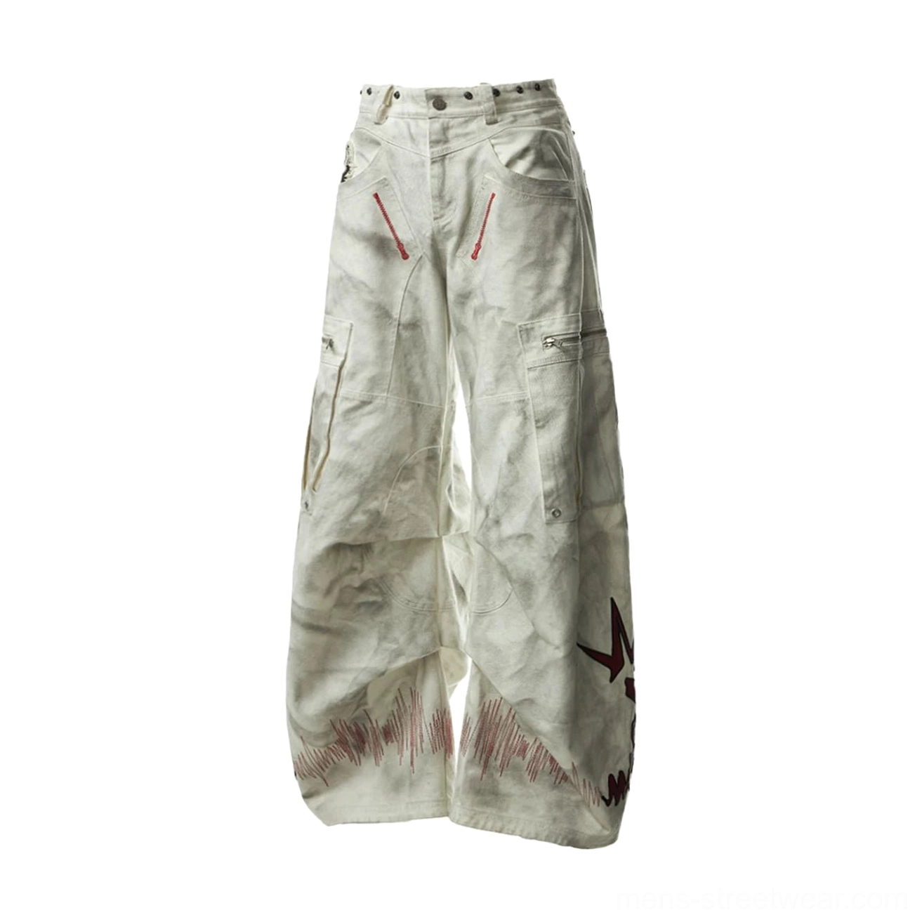 Standalone front product view of off-white washed distressed wide-leg cargo pants with detachable red apron, utility pockets, raw hems, and red stars