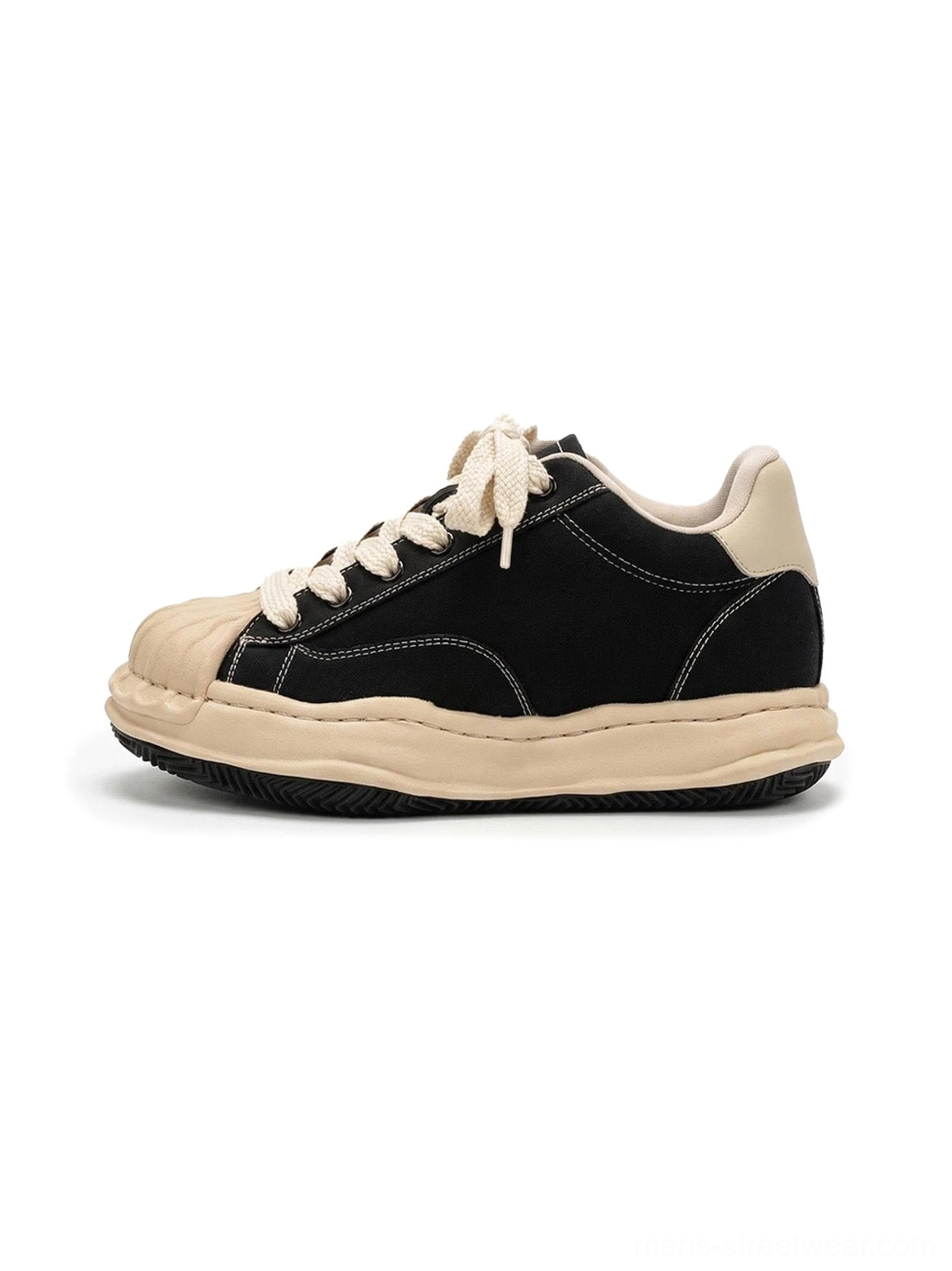 Black distressed shell-toe platform court sneakers with cream rubber toe cap and chunky 7 cm sculpted sole