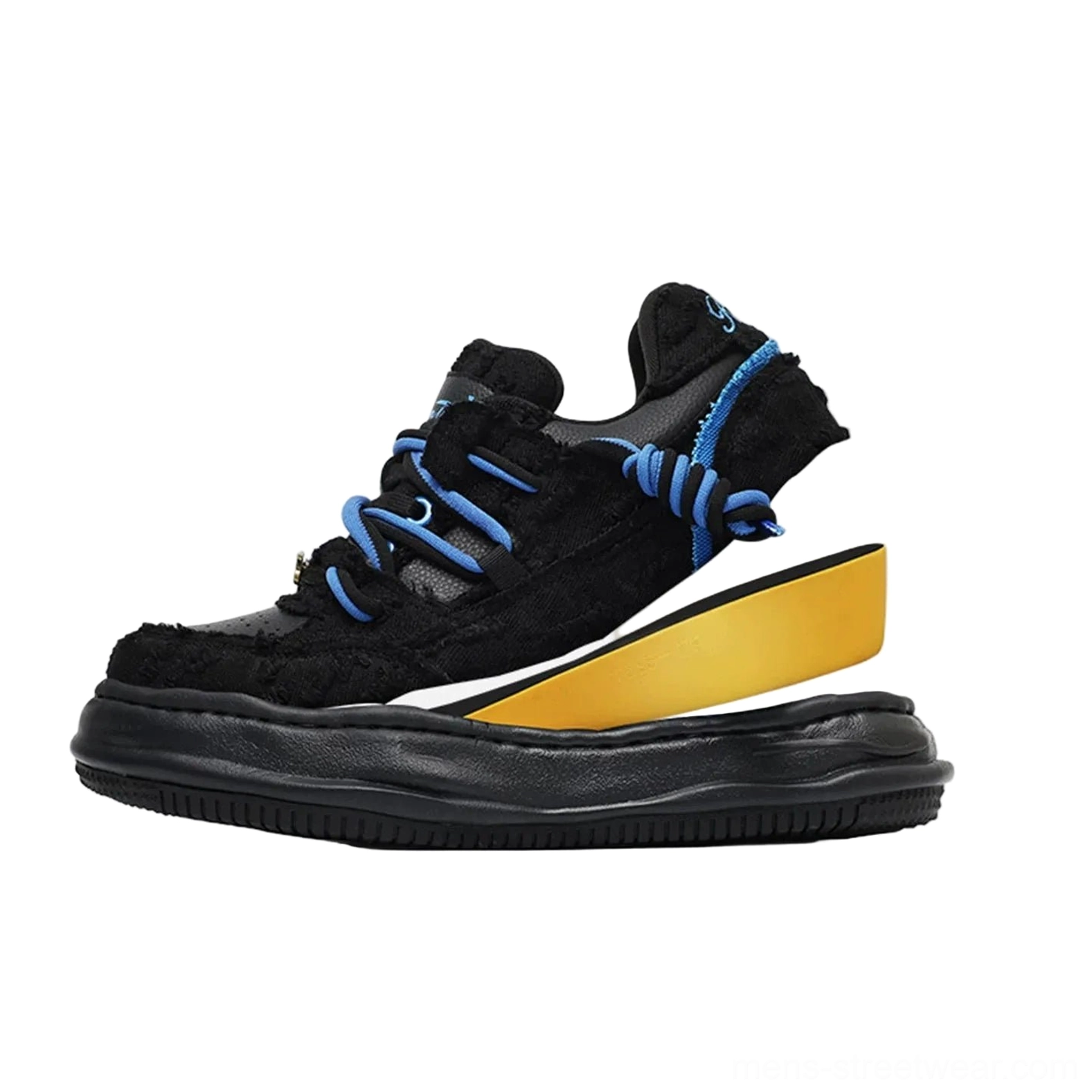 Distressed canvas platform skate sneakers with double laces and chunky cream sole in black and blue colorway