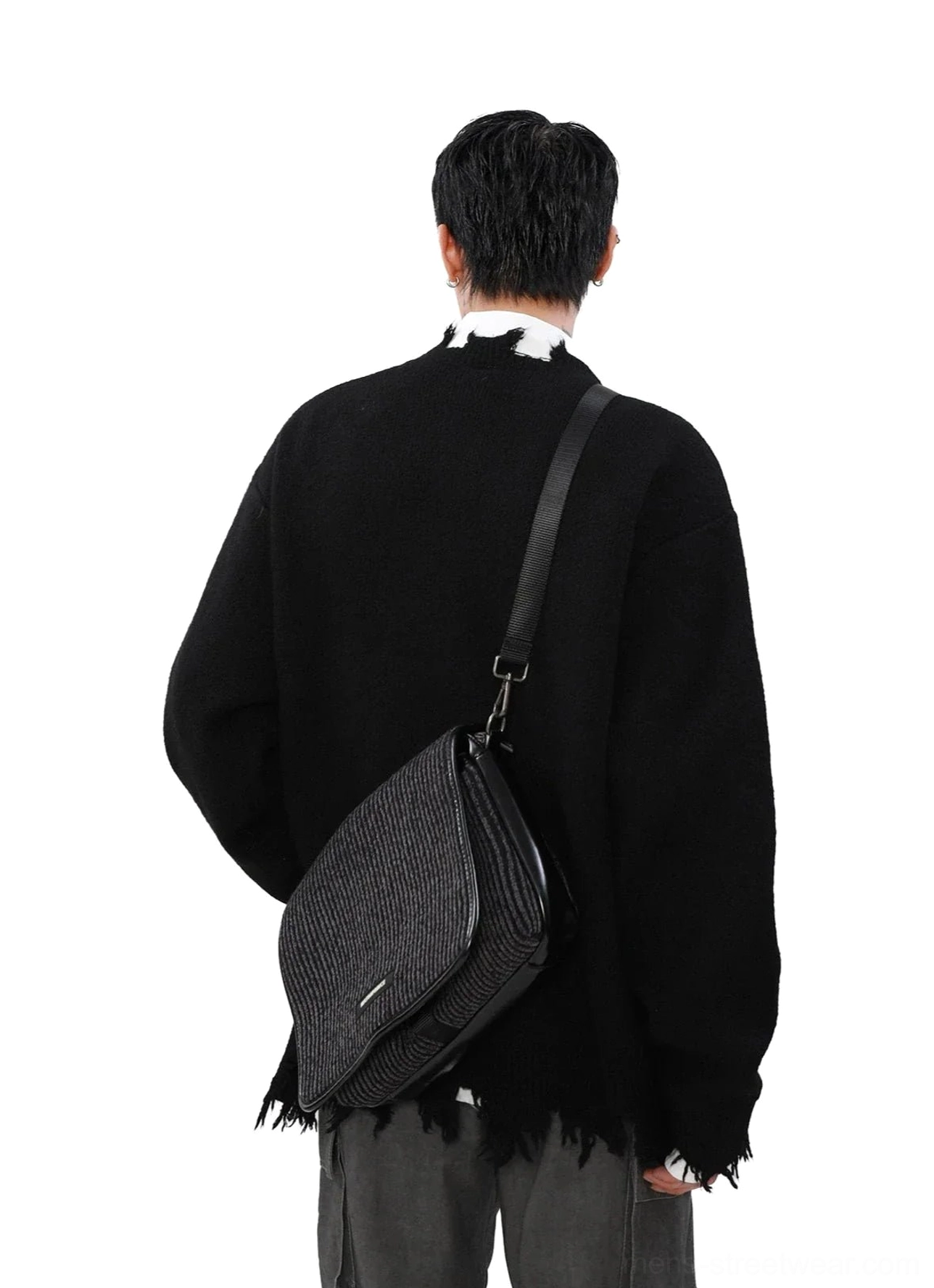 Distressed cross-zipper half-zip oversized streetwear sweater product detail view in contemporary Korean fashion style