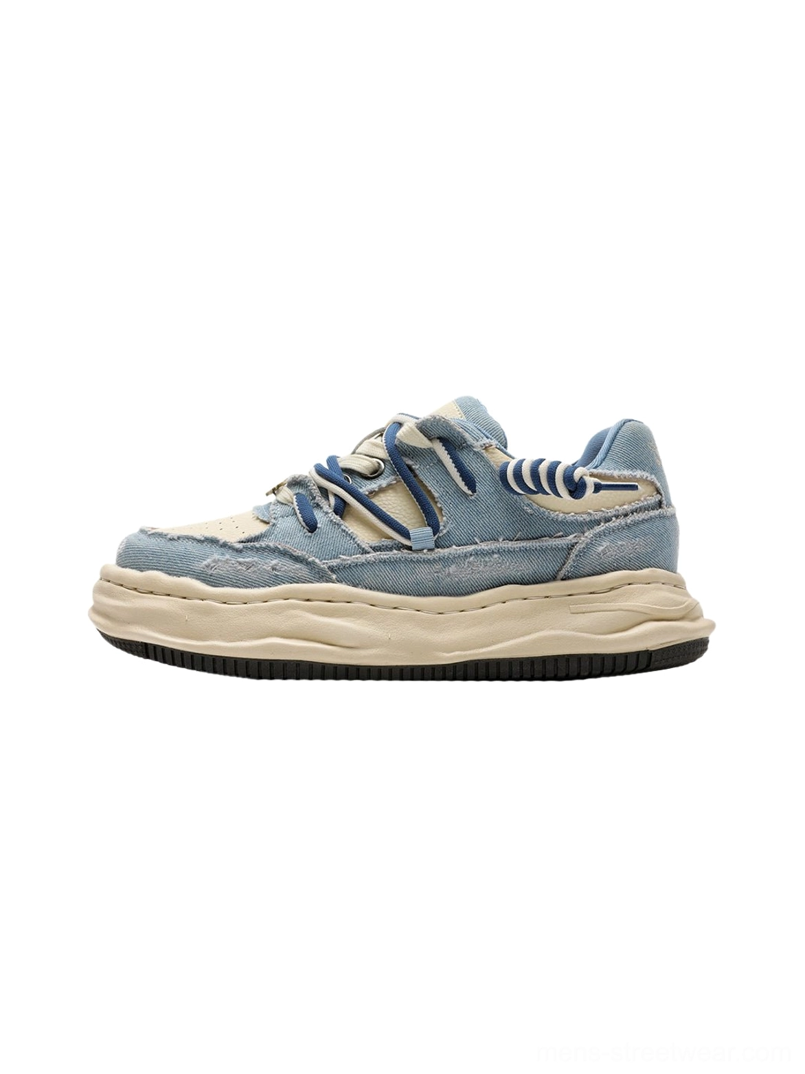 Distressed denim platform sneakers with vintage color blocking for casual Y2K, Acubi, and Korean-style streetwear