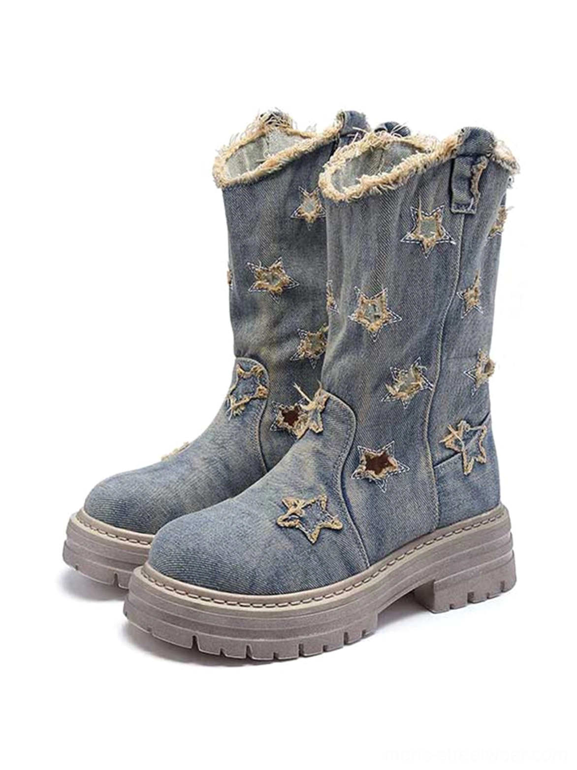Front product view of paired distressed washed denim star cutout mid-calf platform boots with frayed cuffs