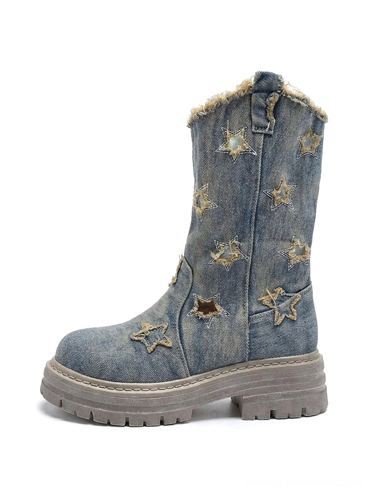 Front three-quarter product view of distressed washed denim star cutout mid-calf platform boots with frayed trim and chunky lug soles