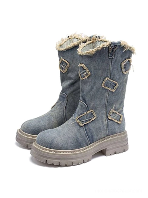 Distressed denim star cutout mid-calf platform boots in Retro Beggar streetwear style with chunky rubber soles