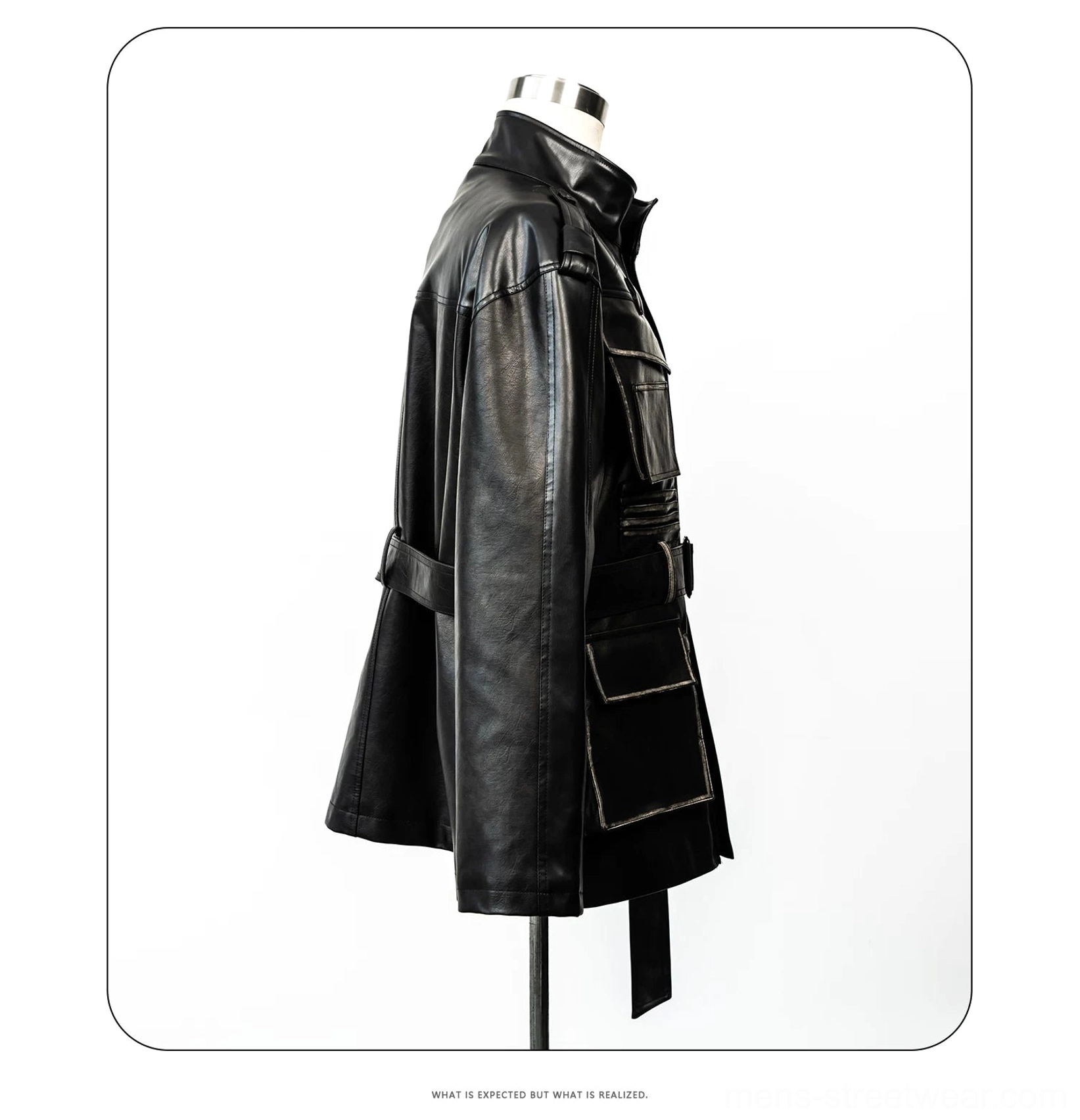 Rear side view of distressed faux leather utility jacket showing belted waist stand collar and panel construction