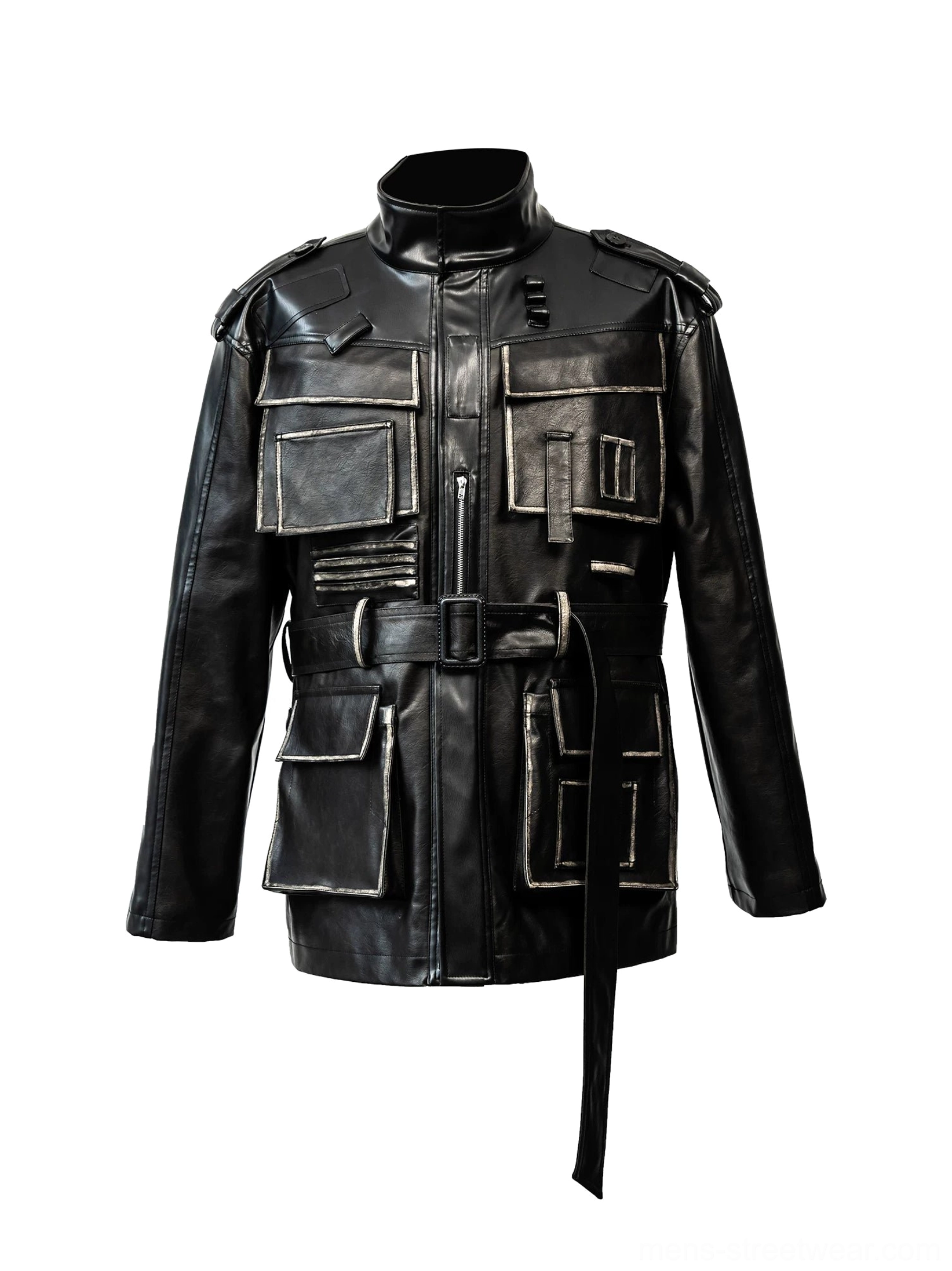 Front flat display of distressed faux leather multi-pocket belted utility jacket with stand collar and zip closure