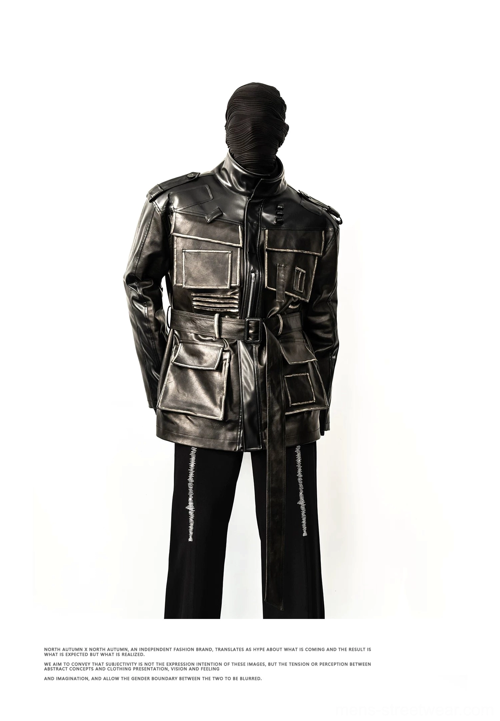 Distressed faux leather multi-pocket belted utility jacket with stand collar and tactical streetwear design