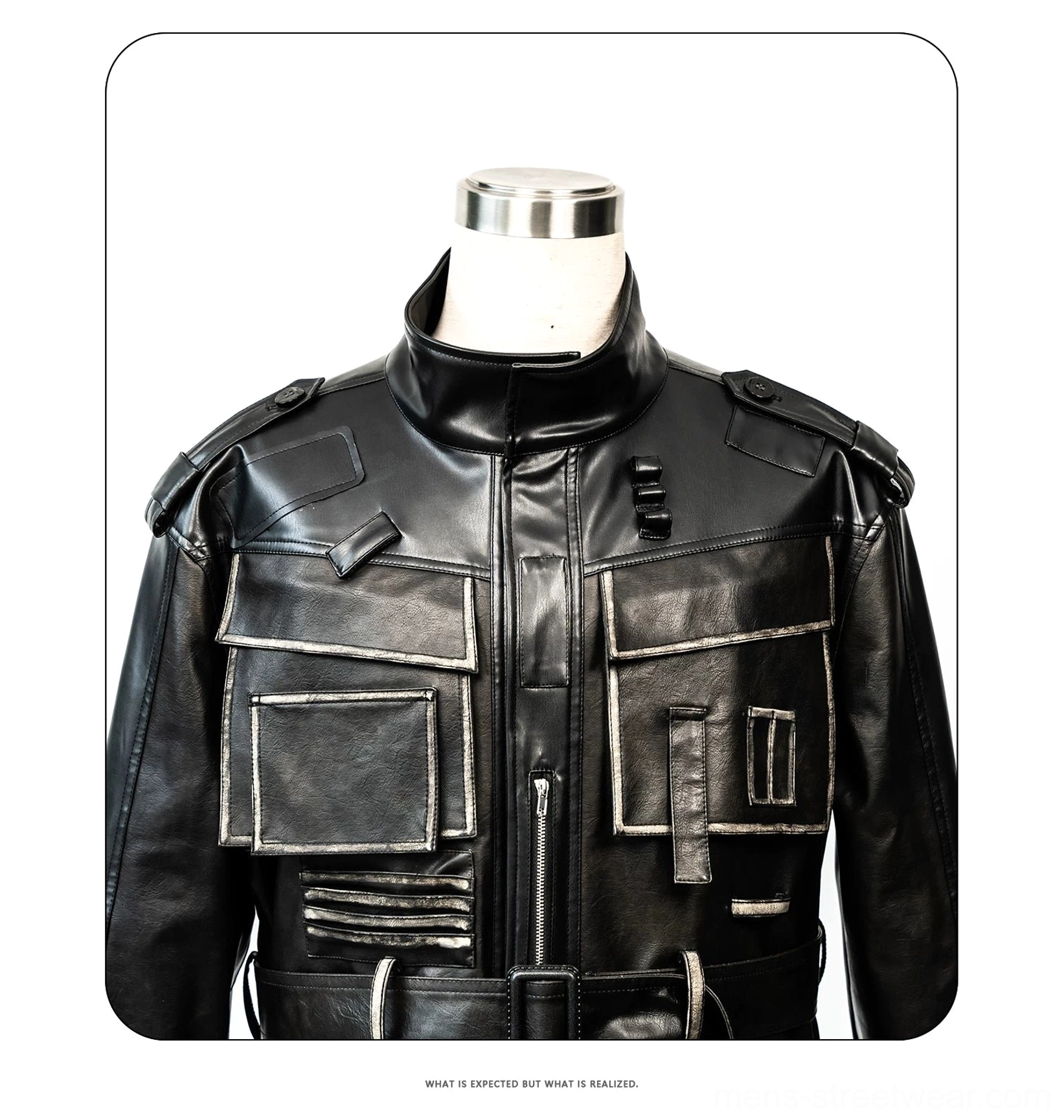 Close-up front view of distressed faux leather utility jacket chest cargo pockets zipper and waist belt hardware