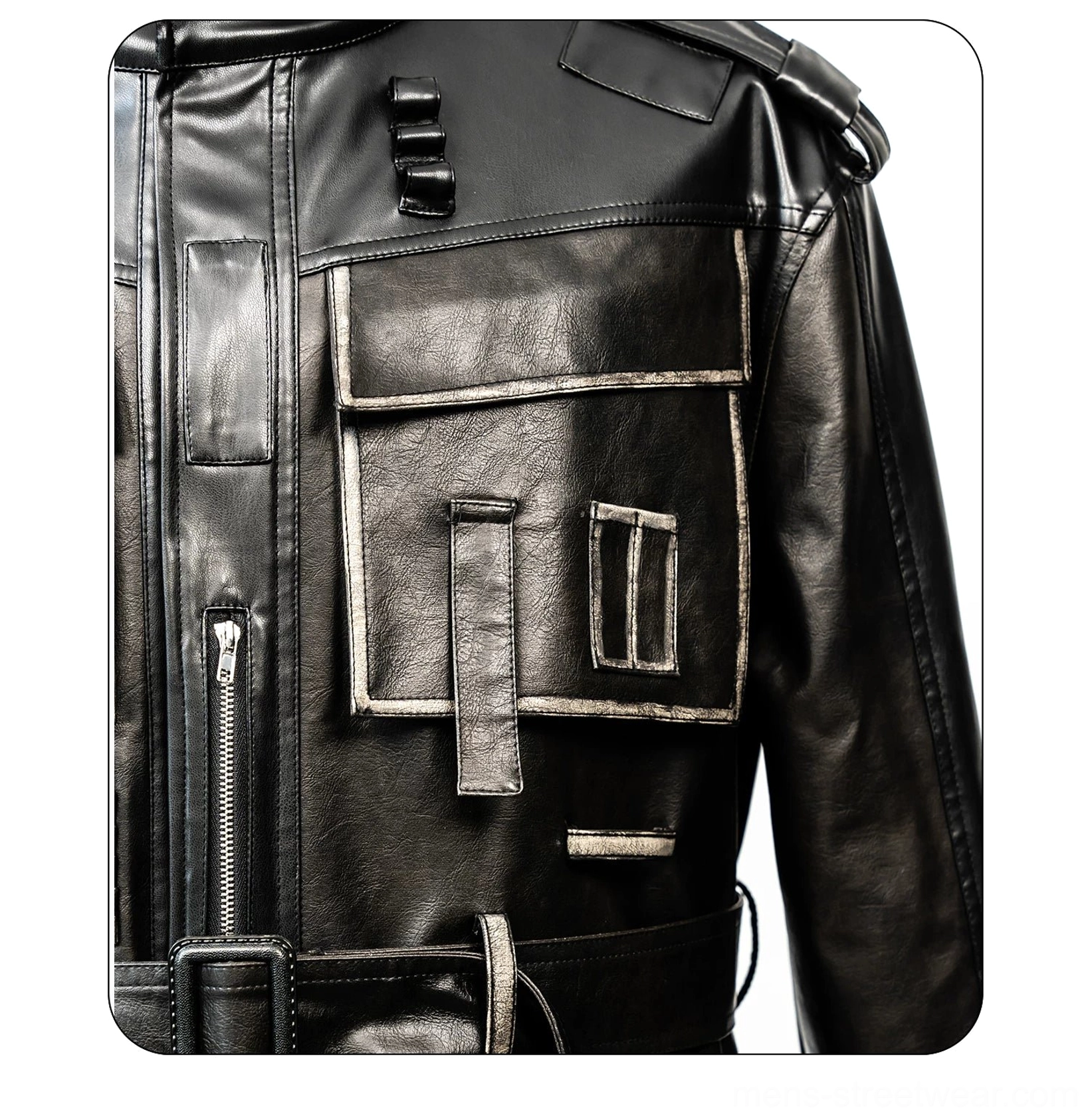 Detailed view of flap chest pocket epaulette strap contrast trim and faux leather finish on utility jacket