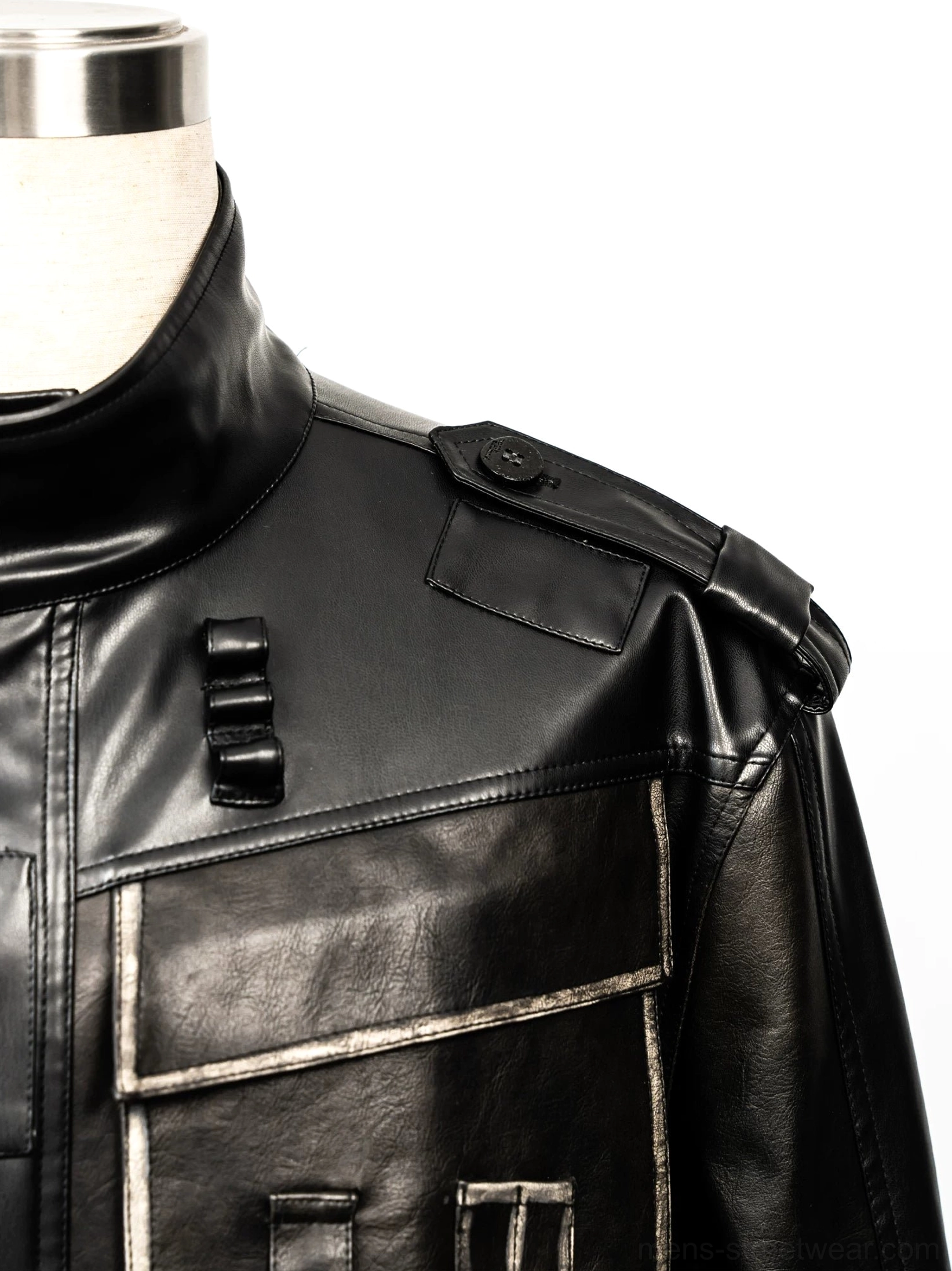 Close-up of stand collar buckle epaulette and distressed faux leather texture on utility jacket