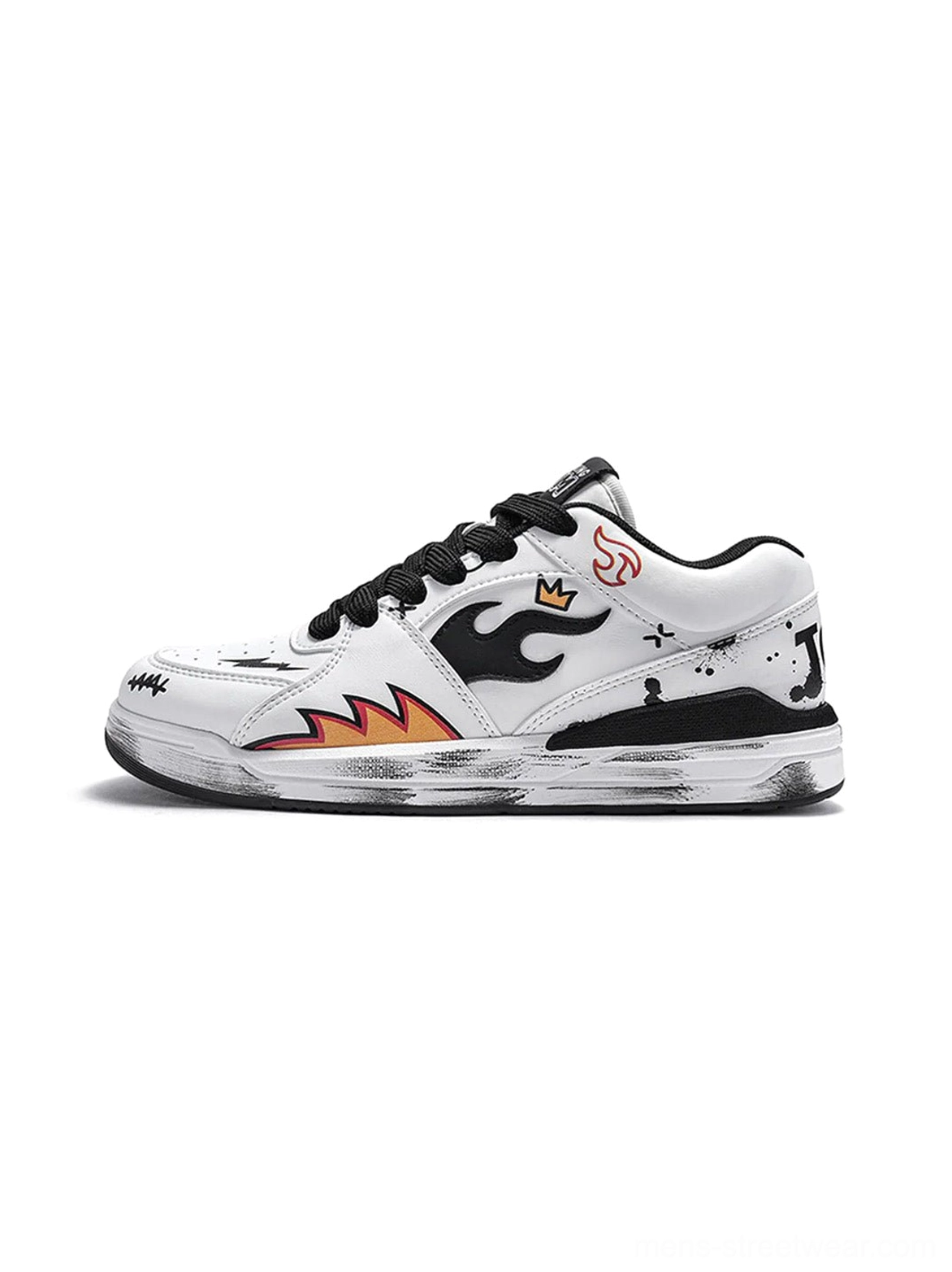 White low-top court sneaker with bold black flame graphic, crown graffiti artwork, distressed black midsole edge, and black laces