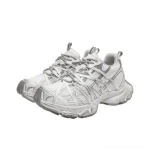 Distressed gray and off-white technical platform chunky sneaker shown from the front with breathable mesh upper and rugged elevated outsole