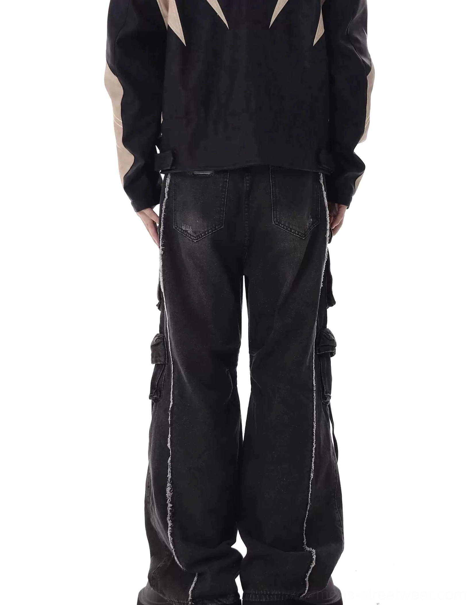 Black washed wide-leg cargo jeans back view showing rear pockets side cargo panels and relaxed baggy silhouette