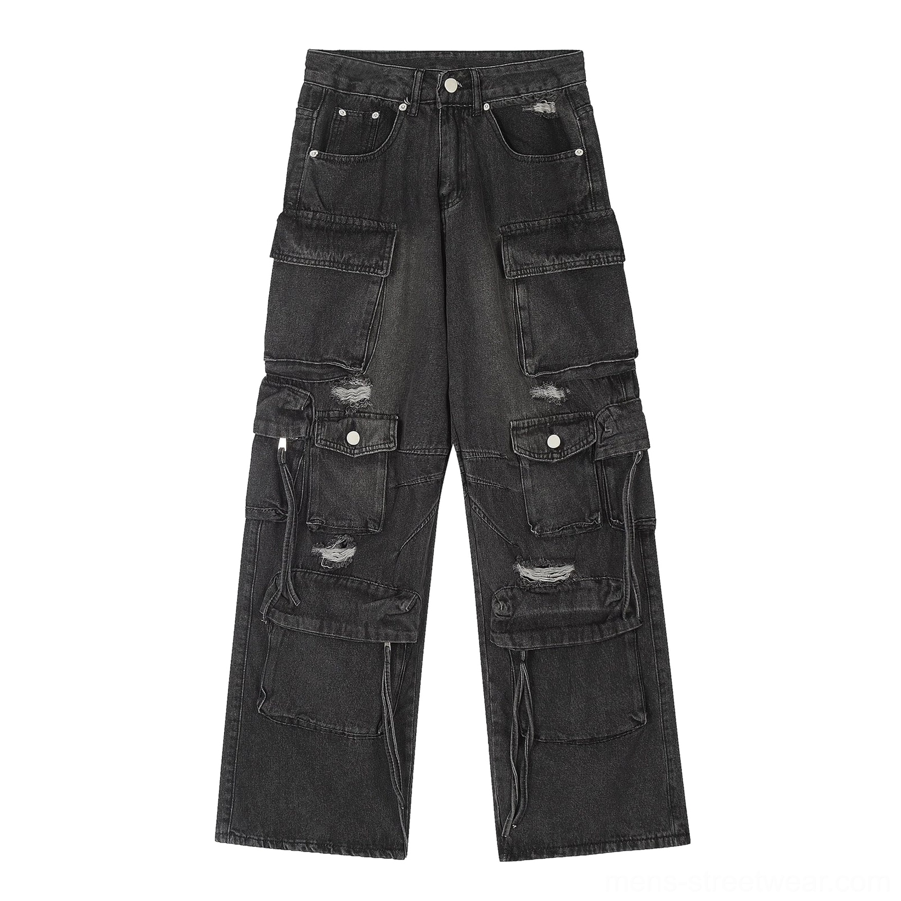 Black distressed multi-pocket wide-leg cargo jeans with oversized flap pockets ripped denim and drawstring hems