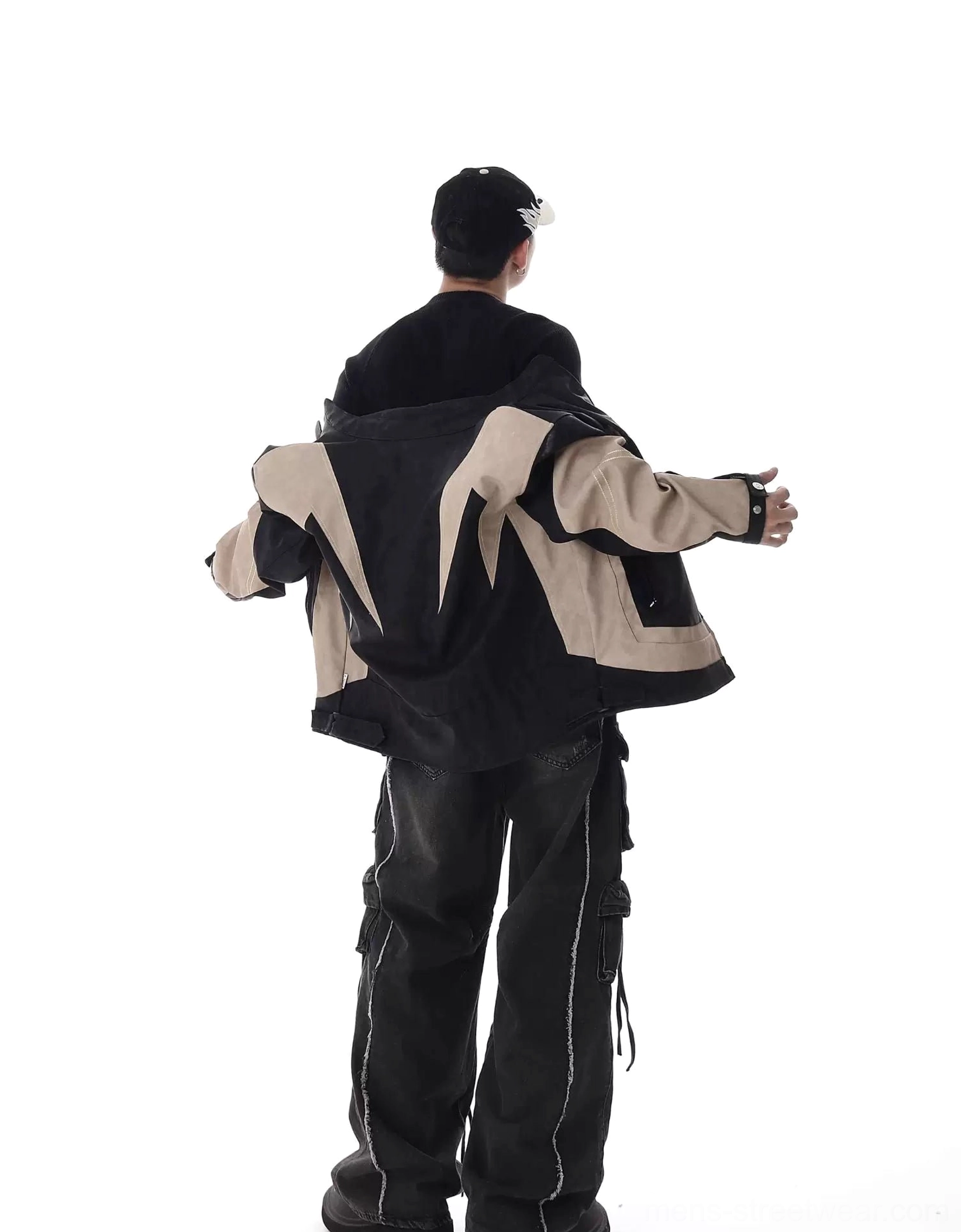 Black washed baggy cargo jeans rear view displaying wide-leg shape contrast seam details and back waist design