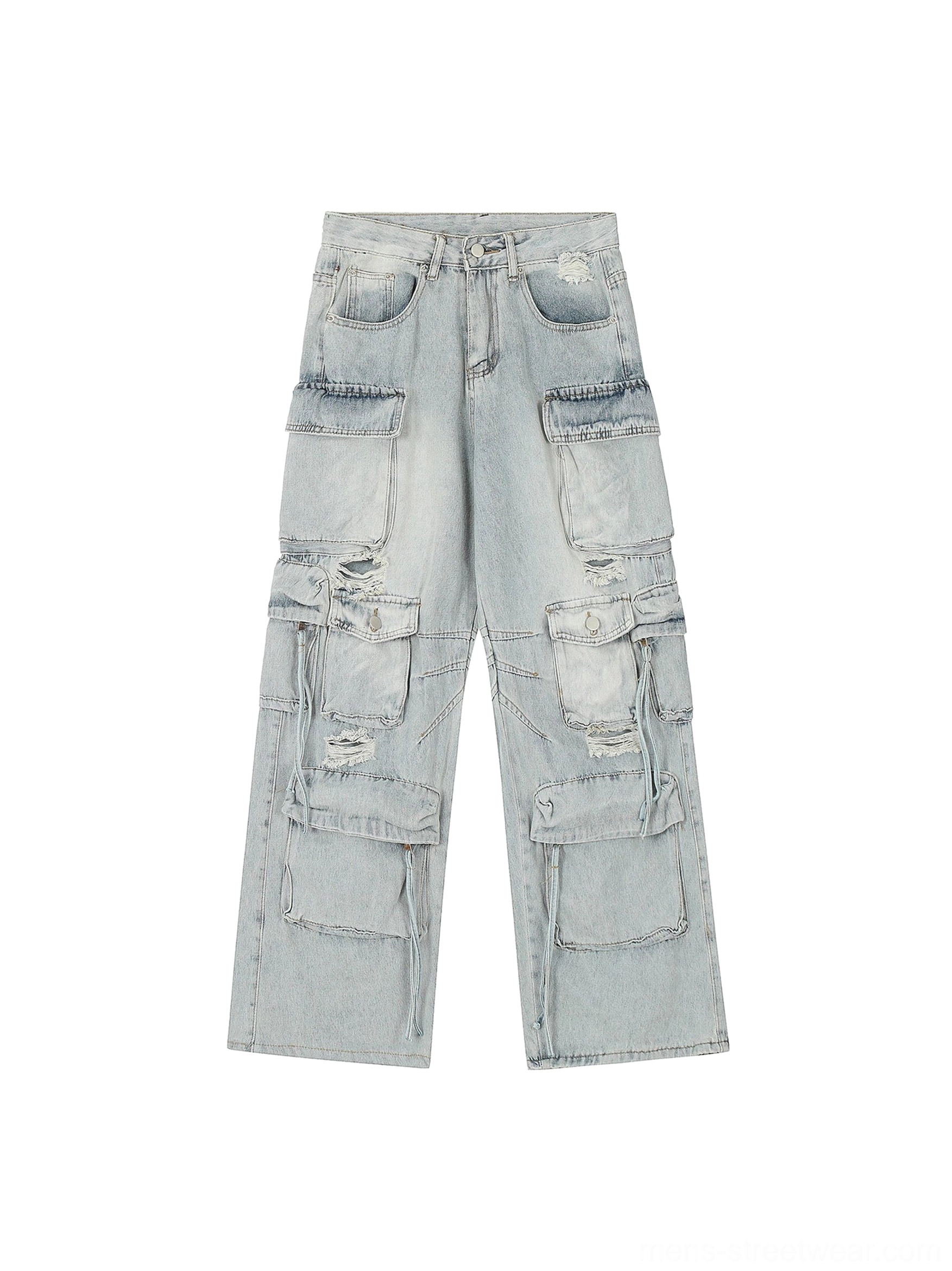 Light blue distressed multi-pocket wide-leg cargo jeans flat lay showing ripped washed denim and oversized pockets